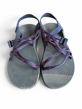 Chaco Women's Strap Sandals in Gray with Pink & Navy Patterned Webbing